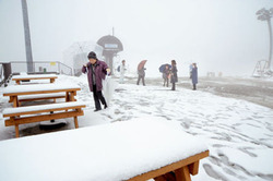 雪景色に声を弾ませ、ふわふわの雪の感触を楽しむ観光客ら(12日午前10時、大津市・びわ湖バレイ)
