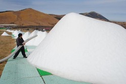 造雪機で次々とできあがる雪山=大分県九重町で、楢原義則撮影