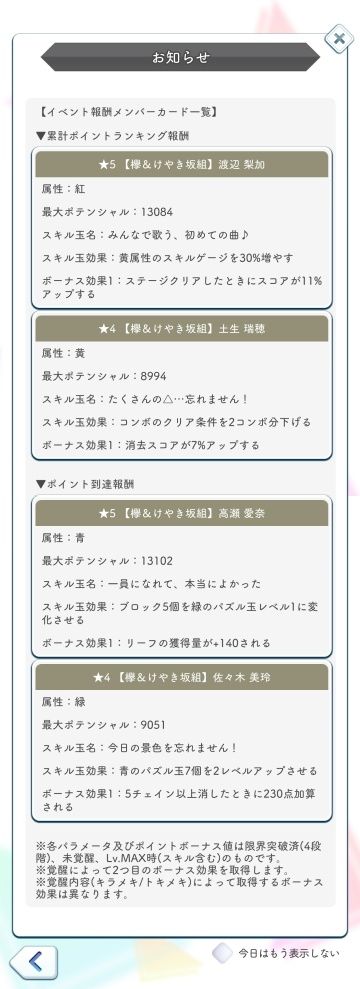 W-KEYAKI(後) 報酬カード詳細