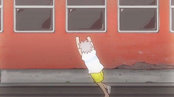 電車に乗れず津波につかまる少年のアニメ