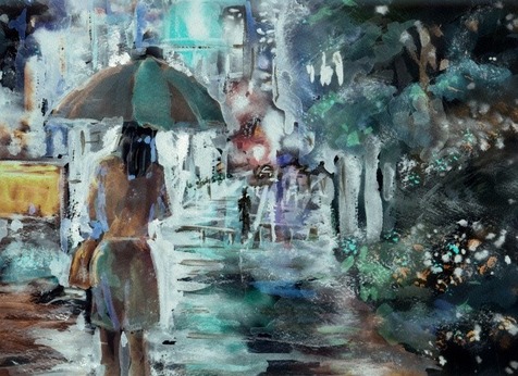 雨降る夜の街 : 夢色彩々―水彩画、スケッチ帳