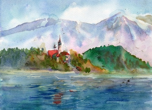 mads stage　水彩画 　城と湖の風景 mads stage 水彩画 城と湖の風景 （水彩画の制作手順「湖の風景