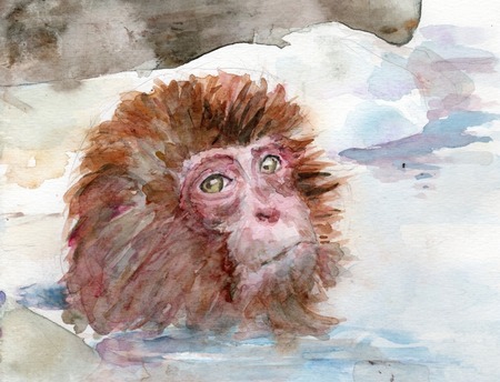 絵画、アクリル画、F6号、雪の温泉につかる猿、佐原聖春 雪の温泉猿、F6号アクリル画、佐原聖春 絵画、アクリル画、F6号、
