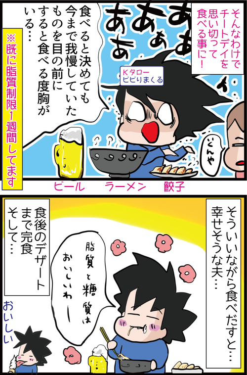 【血糖値実験】糖尿病夫がラーメン・餃子・ビールにデザートまで食べた結果…4