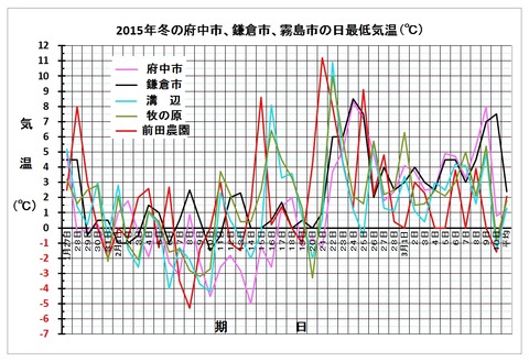 2015府中鎌倉霧島市最低気温グラフ