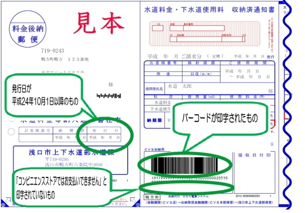 バーコード付きの水道料金支払書