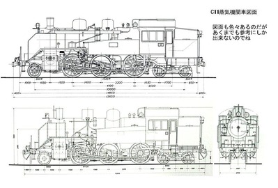 C11蒸気機関車塗り絵図面1