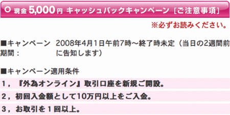 外為オンラインFX口座開設キャッシュバックキャンペーン