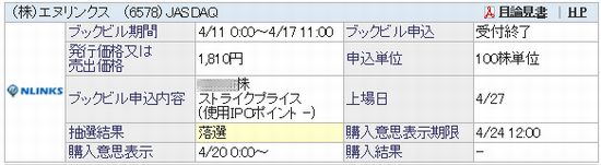 【IPO抽選結果2】 IPO エヌリンクス (6578)~ SBI証券の結果!