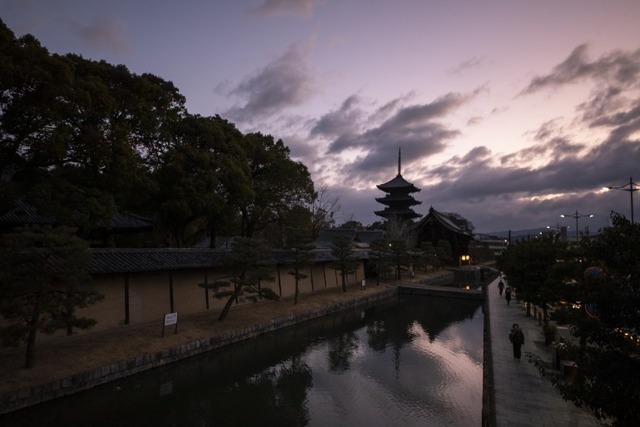 お堀から撮影した東寺の美しい朝焼け