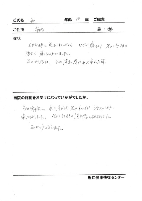 左足首ねんざ後遺症及膝、HJ腰痛