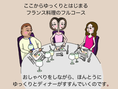 ここからゆっくりとはじまるフランス料理のフルコース おしゃべりしながら、ほんとうにゆっくりとディナーがすすんでいくのです。