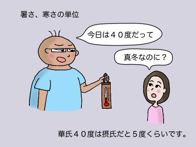 暑さ、寒さの単位 「今日は40度だって」「真冬なのに?」華氏40度は摂氏だと5度くらいです。