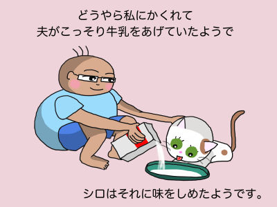 どうやら私にかくれて夫がこっそり牛乳をあげていたようで、シロはそれに味をしめたようです。
