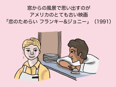 窓からの風景で思い出すのがアメリカの古い映画「恋のためらい フランキー&ジョニー」(1991)