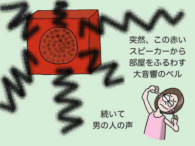 突然、この赤いスピーカーから部屋をふるわす大音響のベル 続いて男の人の声