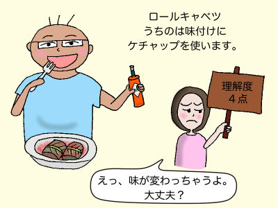 ロールキャベツ うちのは味付けにケチャップを使います。「えっ、味が変わっちゃうよ。大丈夫?」理解度4点