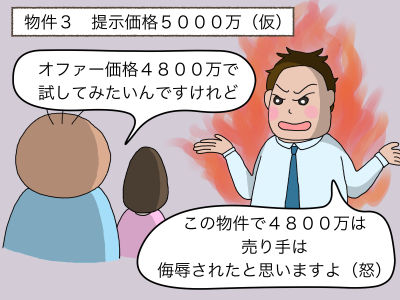 物件3 提示価格5000万(仮) 「オファー価格4800万で試してみたいんですけれど」「この物件で4800万は売り手は侮辱されたと思いますよ(怒)」
