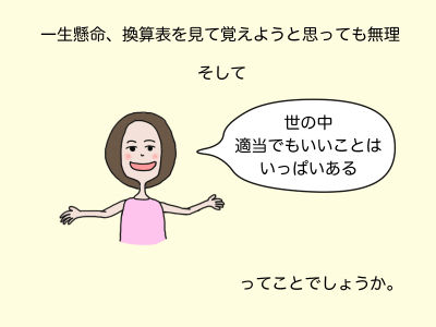 一生懸命、換算表を見て覚えようと思っても無理、そして「世の中、適当でもいいことはいっぱいある」ってことでしょうか。