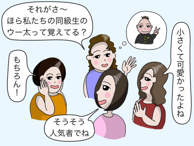「それがさ〜、ほら私たちの同級生のウー太って覚えてる?」「もちろん!」「小さくて可愛かったよね」「そうそう、人気者でね」