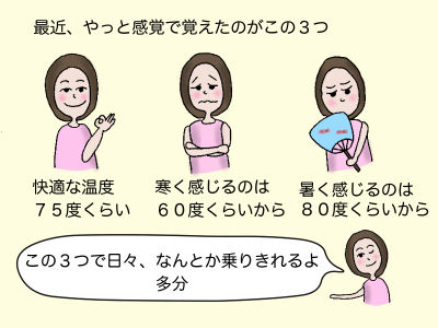最近、やっと感覚で覚えたのがこの3つ 快適な温度 75度くらい 寒く感じるのは60度くらいから 暑く感じるのは80度くらいから 「この3つで日々、なんとか乗り切れるよ 多分」