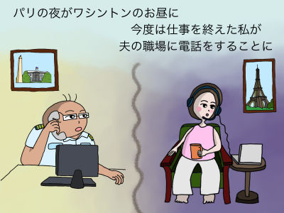 パリの夜がワシントンお昼に 今度は仕事が終わった私が夫の職場に電話をすることに