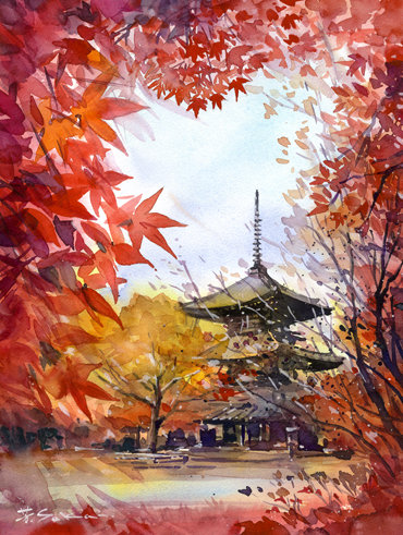 水彩画「清川村の紅葉」 水彩画「清川村の紅葉」