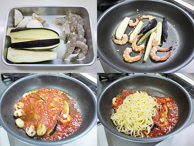 生パスタで海老と茄子のトマトソー^パスタ(統合)