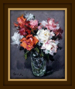 【真作】絵画　金子久章　油彩8号　薔薇の静物　静物画　厚塗りマチエール　C9 f5b8ec97-s.jpg