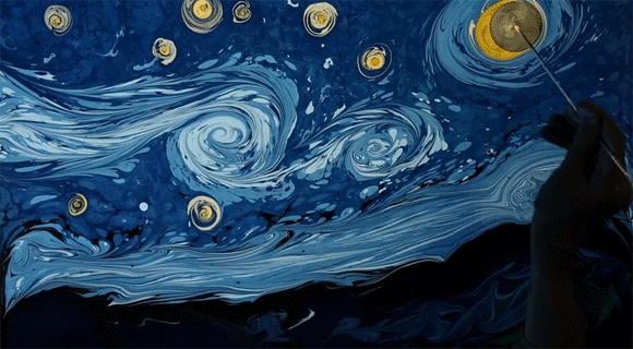 うわすご！水を張った容器に絵の具を垂らして描くゴッホの星月夜からのゴッホ自画像