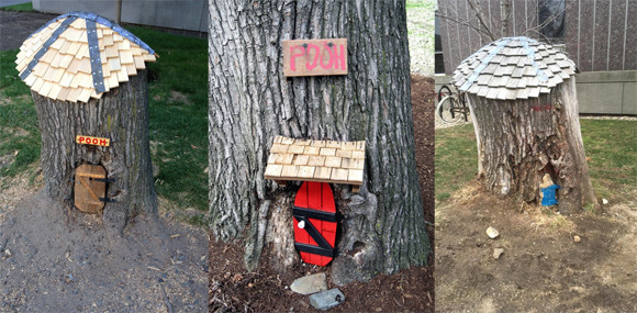 ハーバード大学にある木の切り株につくられた、くまのプーさんの家