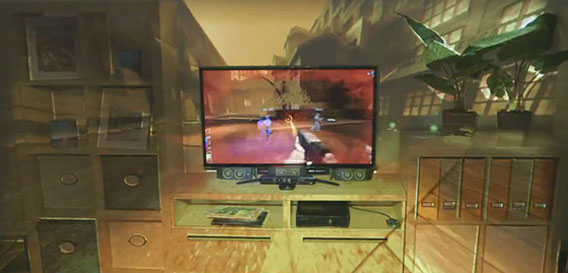 モニター画面からはみだして部屋全体に広がるゲーム空間、次世代XBOXのプロジェクトマッピング「IllumiRoom」