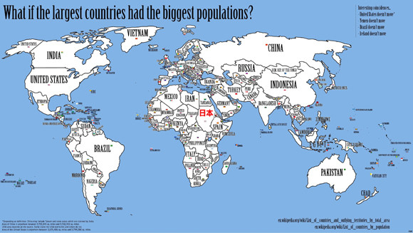 人口の数に比例して国土の大きさを置き換えるとどうなるのか？世界地図を人口で置き換えてみた