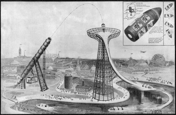 弾丸のようなカプセルに乗って発射され、タワーに落下。1919年に構想された遊園地のアトラクション「エレクトリック・ガン」とは？