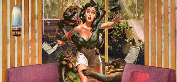 家庭内で野生動物に襲われる美女、助けに行く筋肉男。1950年代のアメリカ男性雑誌カバー絵