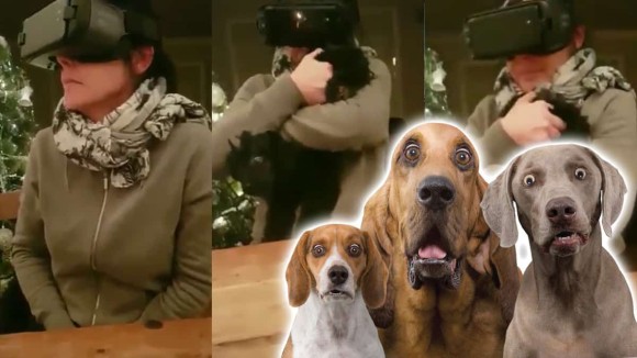 ママンが初めてのバーチャルリアリティ（VR）体験。その臨場感に驚き愛犬をギュっと抱きしめるも、ちがうそれ頭じゃない！
