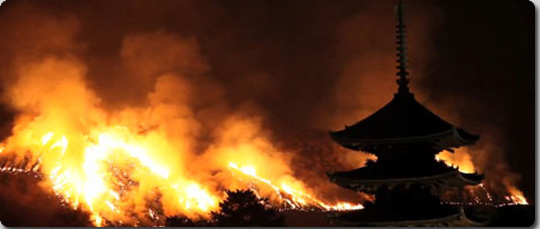 古都の夜空を焦がす巨大な炎の柱、若草山焼き（奈良）、
