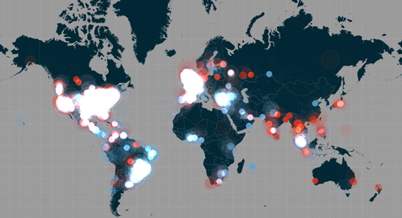 世界中がお祭り騒ぎ。iPhone6が発表された瞬間のツイート数を可視化したインタラクティブ世界地図