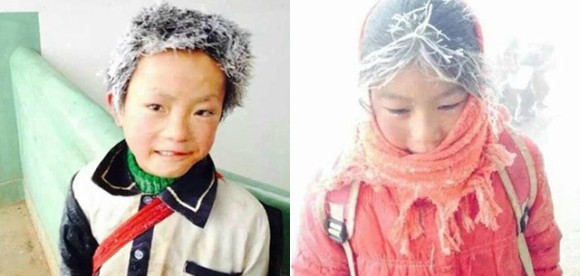 凍る髪の毛：氷点下の中、片道2時間の道のりを歩いて学校に通う中国の子どもたち