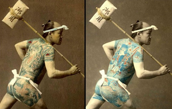 浮世絵職人が色づけした刺青をした飛脚・火消しの写真（江戸後期-明治）