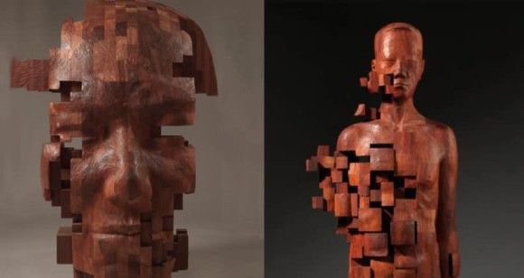 伝統文化と現代文明の融合。木材の彫像をピクセル処理したアート作品