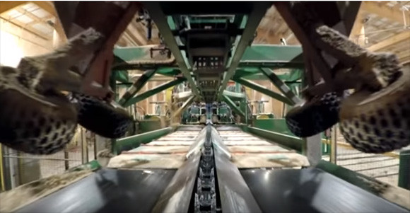丸太になってコンベアの上で切り刻まれる感覚を味わえる製紙工場の映像