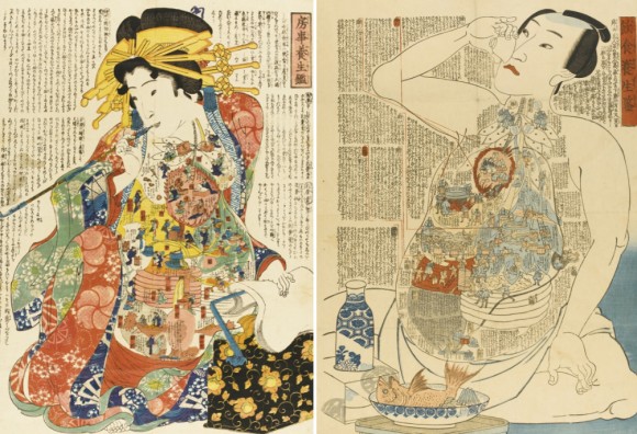 人体に仕込まれたカオスな世界。19世紀の木版画に描かれた歌舞伎役者人体解剖図