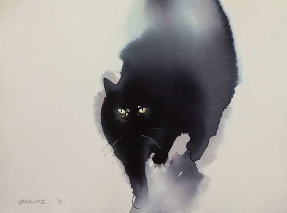 黒猫と絵は相性がいい。水墨画風なタッチで猫の質感を見事に表現したモフモフしたくなる絵
