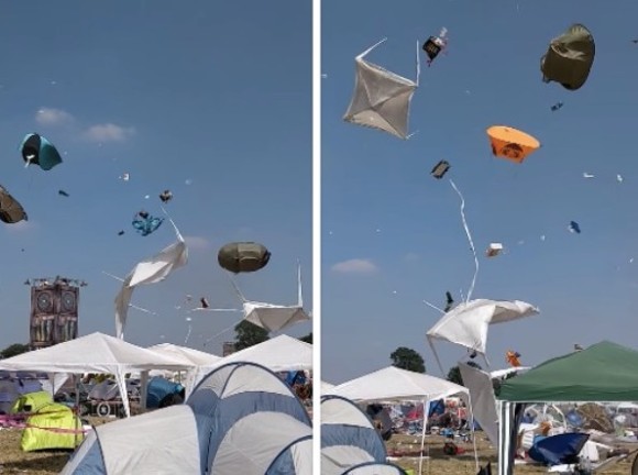 まさかの凧状態！野外音楽フェスでつむじ風が発生してテントが宙に舞いまくる(ドイツ)