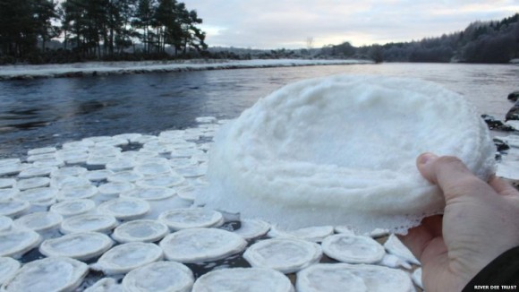 おいしそう？川に浮かぶ氷のパンケーキ、スコットランドの川に浮かぶ大量の氷の円盤