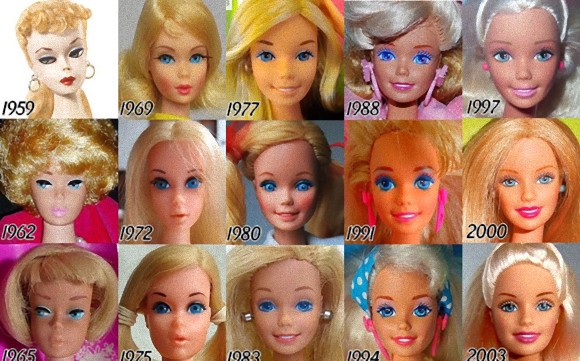 マイナーチェンジを繰り返しながら徐々に進化したバービー人形の顔の変化がわかる比較画像