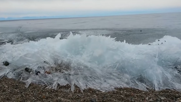 地面を侵食していく生命体のよう。ロシア・バイカル湖の波打ち際で増殖していく氷の波