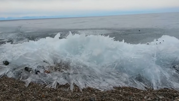地面を侵食していく生命体のよう。ロシア・バイカル湖の波打ち際で増殖していく氷の波
