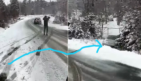 雪道あるある。車道から落ちた車をけん引したところ、反対側に落ちてしまうというケース